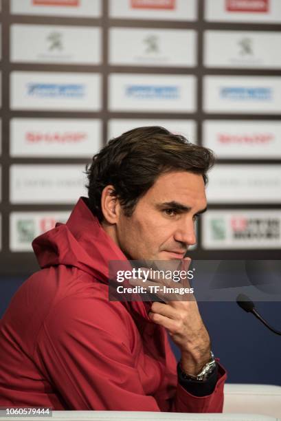 Roger Federer of Switzerland attends the press conference during the Swiss Indoors Basel tennis tournament at St Jakobshalle on October 27, 2018 in...