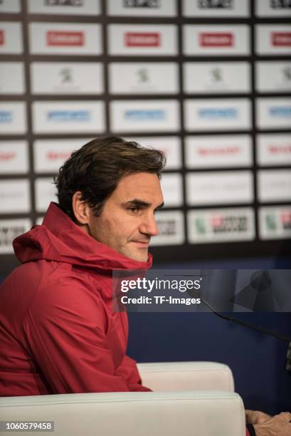 Roger Federer of Switzerland attends the press conference during the Swiss Indoors Basel tennis tournament at St Jakobshalle on October 27, 2018 in...