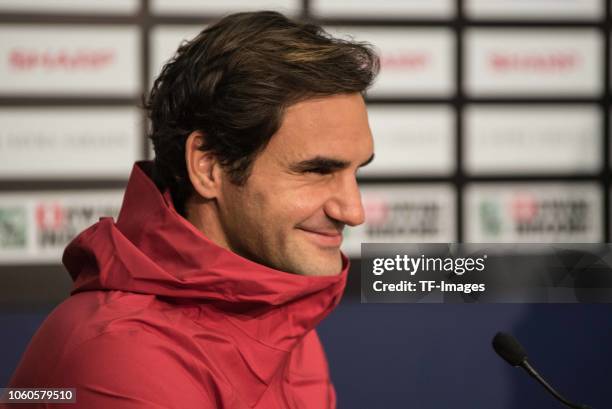 Roger Federer of Switzerland attends the press conference during the Swiss Indoors Basel tennis tournament at St Jakobshalle on October 27, 2018 in...