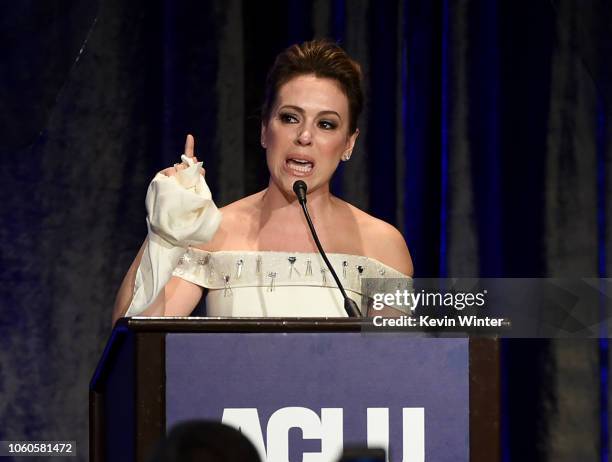 Alyssa Milano accepts the Eason Monroe Courageous Advocate Award at the ACLU's Annual Bill of Rights Dinner at the Beverly Wilshire Hotel on November...