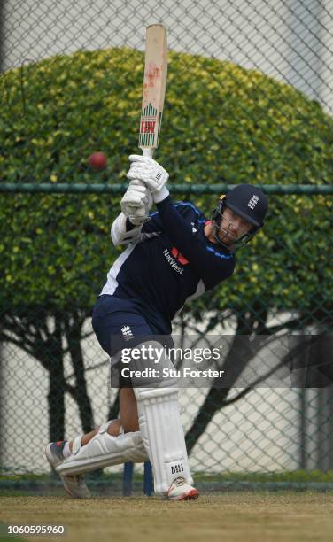 England batsman Jack Leach hits out during England nets at Pallekelle Stadium on November 12, 2018 in Kandy, Sri Lanka.