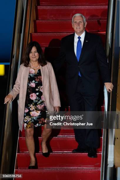 Vice President Mike Pence and his wife Karen Pence arrive at Yokota Air Base on November 13, 2018 in Fussa city in Western Tokyo, Japan. U.S. Vice...