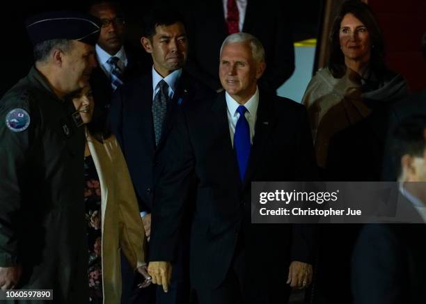 Vice President Mike Pence arrives at Yokota Air Base on November 13, 2018 in Fussa city in Western Tokyo, Japan. U.S. Vice President Mike Pence...