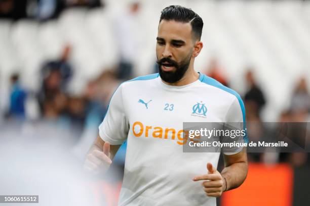 Adil Rami of Olympique de Marseille during the ligue 1 match between Olympique de Marseille at Stade Velodrome on November 11, 2018 in Marseille,...