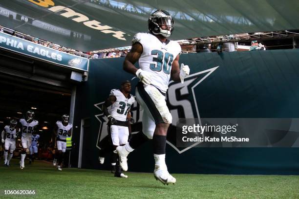 Corey Clement of The Eagles runs out to the pitch for the third quarter during the NFL International Series match between Philadelphia Eagles and...