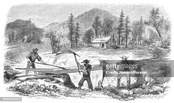 panning for gold in california, usa (19th century) - gold rush stock illustrations