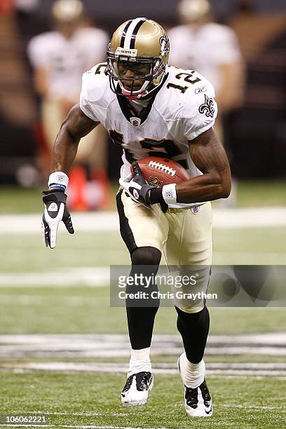 Marques Colston of the New Orleans Saints in action during the game against the Cleveland Browns at the Louisiana Superdome on October 24, 2010 in...