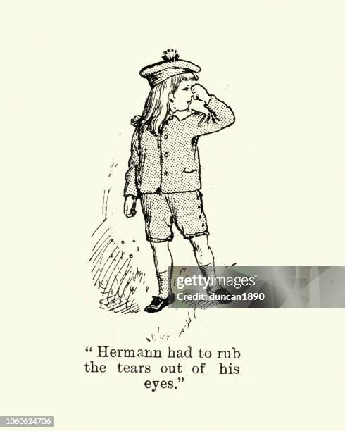 young boy crying and rubbing his eyes, victorian, 19th century - rubbing eyes stock illustrations