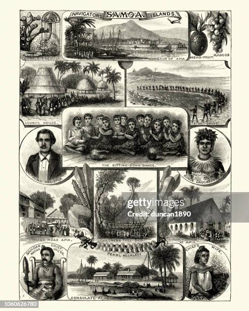 stockillustraties, clipart, cartoons en iconen met scènes uit de samoa-eilanden, victoriaanse, 19e eeuw - oceanië