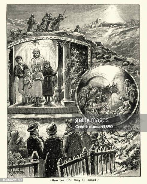 carol singers and nativity scene, victorian, 19th century - black and white christmas stock illustrations