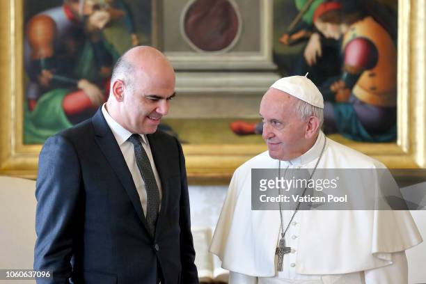 Pope Francis meets Swiss Federal President Alain Berset at Palazzo Apostolico on November 12, 2018 in Vatican City, Vatican.