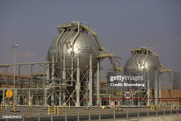 Storage tanks containing Natural Gas Liquids stand at a facility in Saudi Aramco's Shaybah oilfield operates in Shaybah, in the Rub' Al-Khali desert...