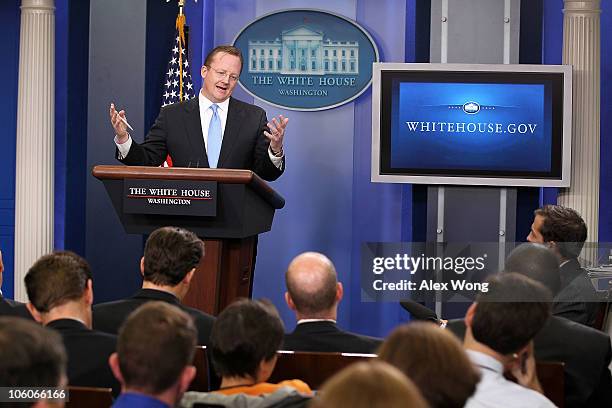 White House Press Secretary Robert Gibbs speaks during a White House daily briefing October 26, 2010 at the White House in Washington, DC. Gibbs told...