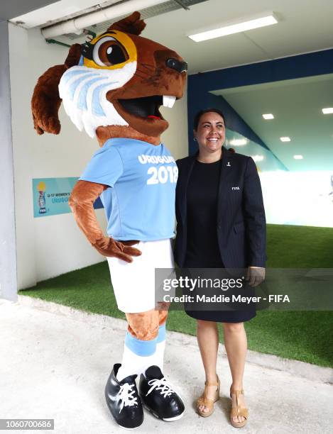 Fifa Chief Womens Football Officer Sarai Bareman and mascot Capi ahead of the FIFA U-17 Women's World Cup Uruguay 2018 at Charrua Stadium on November...