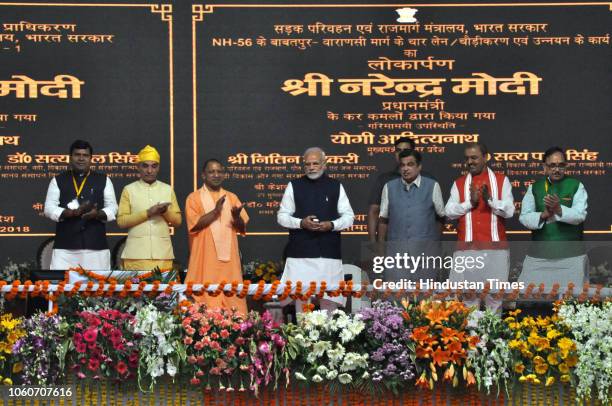 Prime Minister Narendra Modi along with Uttar Pradesh Chief Minister Yogi Adityanath, Union Minister Nitin Gadkari, UP BJP chief Dr Mahendra Nath...