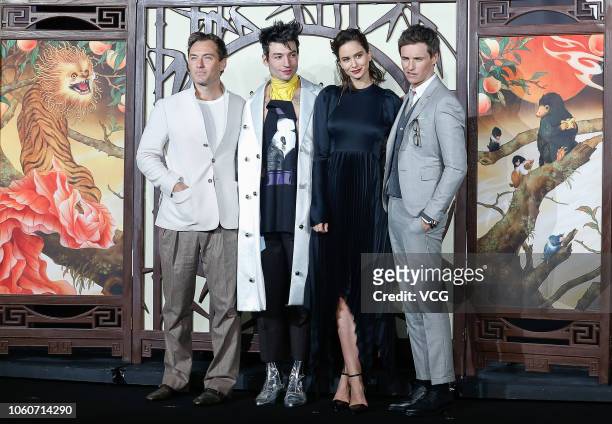 Actors Jude Law, Ezra Miller, Katherine Waterston and Eddie Redmayne attend 'Fantastic Beasts: The Crimes of Grindelwald' premiere at Chaoyang Museum...