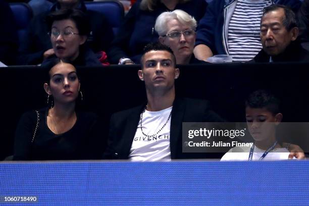 Cristiano Ronaldo, his girlfriend Georgina Rodríguez and son Cristiano Ronaldo Jr. Watch on during the singles round robin match between Novak...
