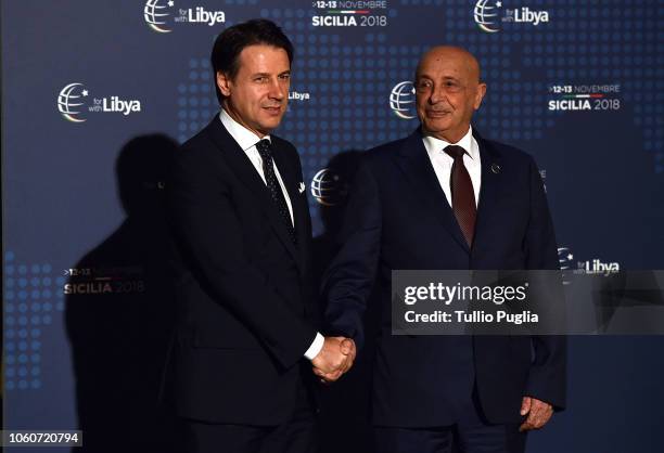 Italian Prime Minister Giuseppe Conte welcomes Aguila Saleh Issa, President of the Libyan House of Representatives, during the Conference for Libya...