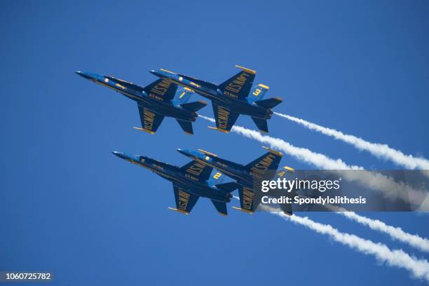 airplane blue angels f-18 jet fighters - blue angels stock pictures, royalty-free photos & images