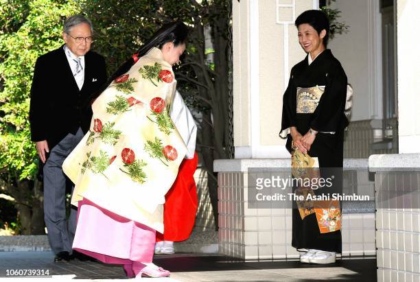 Princess Ayako of Takamado greets her mother Princess Hisako of Takamado after the 'Judai-no-Gi' ceremony prior to her wedding with Kei Moriya at the...