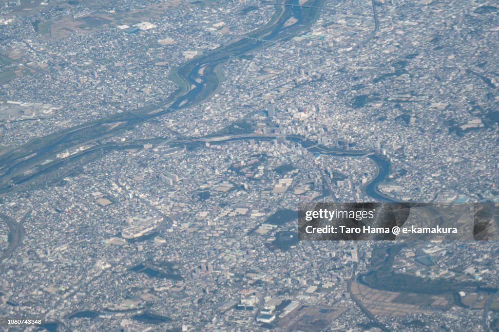 Okazaki city in Aichi prefecture in Japan daytime aerial view from airplane