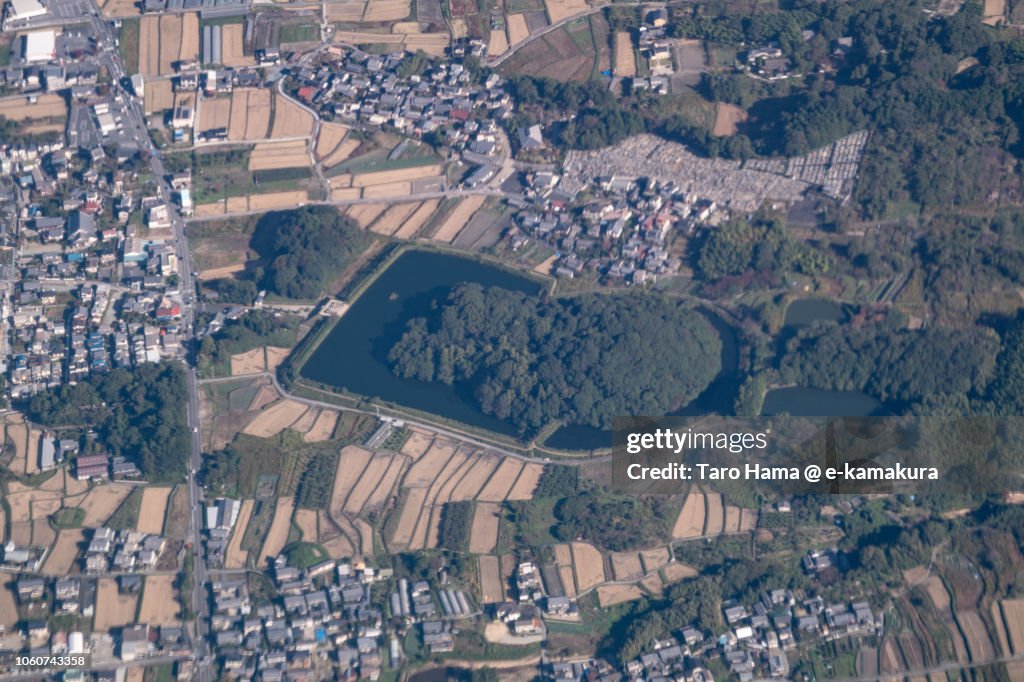 Andonyama Kofun (Burial mound) in Tenri city in Nara prefecture in Japan daytime aerial view from airplane