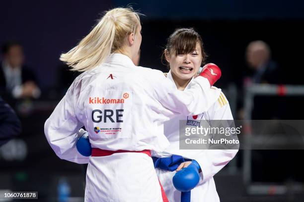 Greek karateka Eleni Chatziliadou and Japanese karateka Ayumi Uekusa are seen in action as they competes for the Kumite female +68kg final...