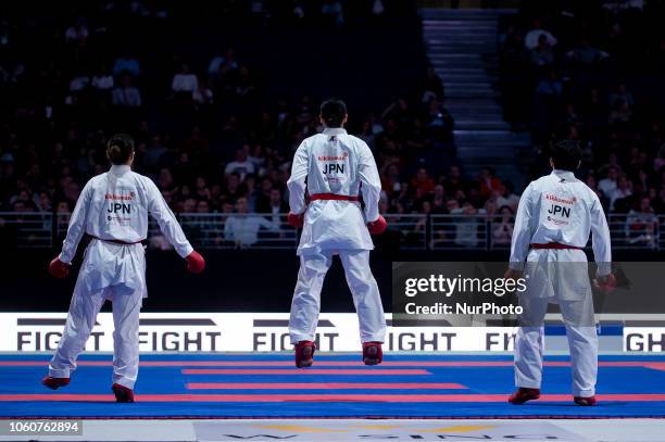 Japan's karatekas Ayumi Uekusa, Ayaka Saito and Natsumi Kawamura before the Kumite team female gold medal final during the 24th Karate World...