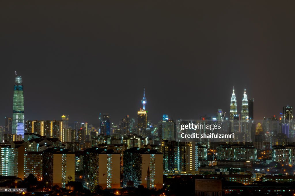 Majestic night landscape over downtown Kuala Lumpur, Malaysia.