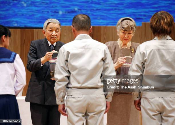 Emperor Akihito and Empress Michiko attend the ceremony of the the Yutakana-Umizukuri-Taikai, or meeting on fertilizing the sea at Kochi City...
