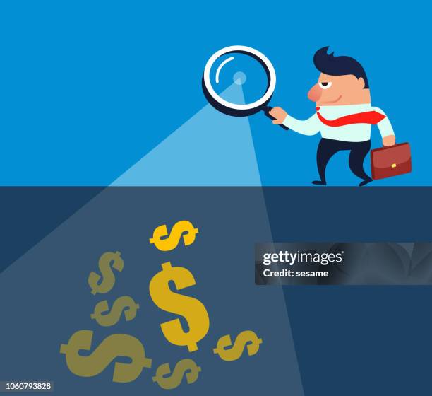 businessman using a magnifying glass to explore underground hidden wealth - prospecting stock illustrations