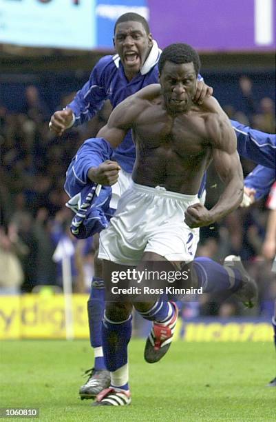 Ade Akinbiyi of Leicester celebrates Trevor Benjamin after scoring the winning goal during the Leicester City v Sunderland Barclaycard Premiership...