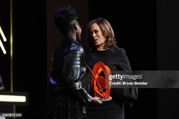 Lupita Nyongo presents an award to Kamala Harris onstage at the 2018 Glamour Women Of The Year Awards: Women Rise on November 12, 2018 in New York...