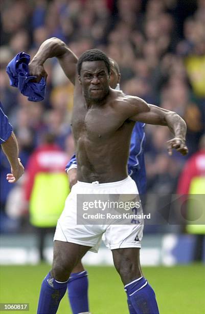 Ade Akinbiyi of Leicester celebrates after his teams 1-0 win in the Leicester City v Sunderland Barclaycard Premiership match at Filbert St,...