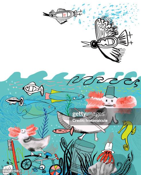 plastic pollution in the sea - plastic animals stock illustrations