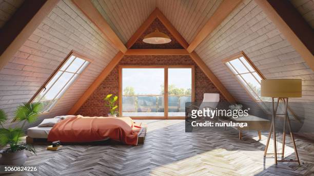 loft attic bedroom concept - scandinavian culture stock pictures, royalty-free photos & images