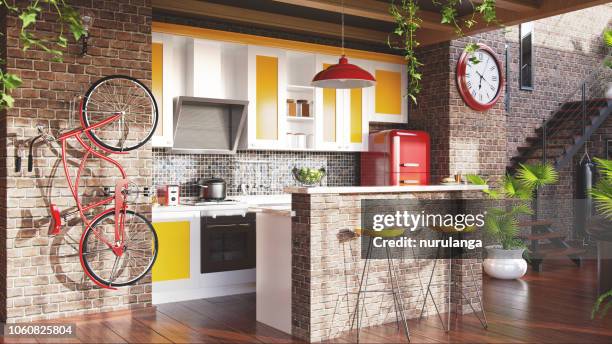 loft kitchen concept - red brick wall stock pictures, royalty-free photos & images