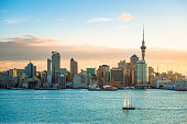 2018, JAN 3 - Auckland, New Zealand, Panorama view, Beautiful landcape of the building in Auckland city before sunset. View from Cyril Bassett VC Lookout.