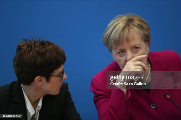 German Chancellor and leader of the German Christian Democrats Angela Merkel chats with CDU General Secretary Annegret Kramp-Karrenbauer prior to a...