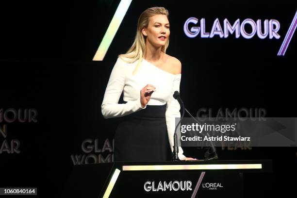 Karlie Kloss speaks onstage at the 2018 Glamour Women Of The Year Awards: Women Rise on November 12, 2018 in New York City.