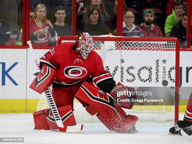 Scott Darling of the Carolina Hurricanes goes down in the crease to make a save during an NHL game against the Chicago Blackhawks on November 12,...