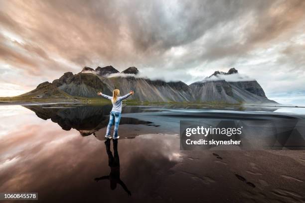 stokksness 半島、アイスランドの vestrahorn 山の景色を楽しみながら屈託のない女性の背面。 - 斑レイ岩 ストックフォトと画像