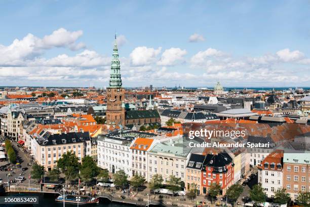 copenhagen aerial view city skyline with tower st. nikolaj church on a sunny day, denmark - copenhagen cityscape stock pictures, royalty-free photos & images