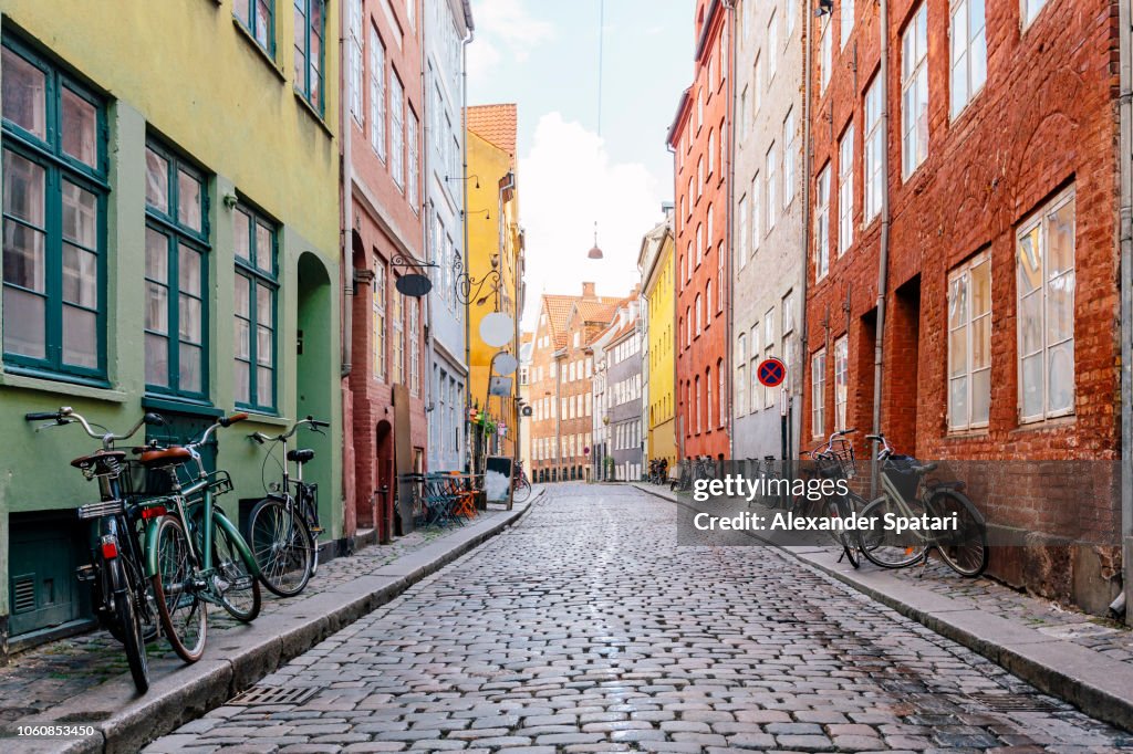 Cobblestone street in Copenhagen old town, Denmark