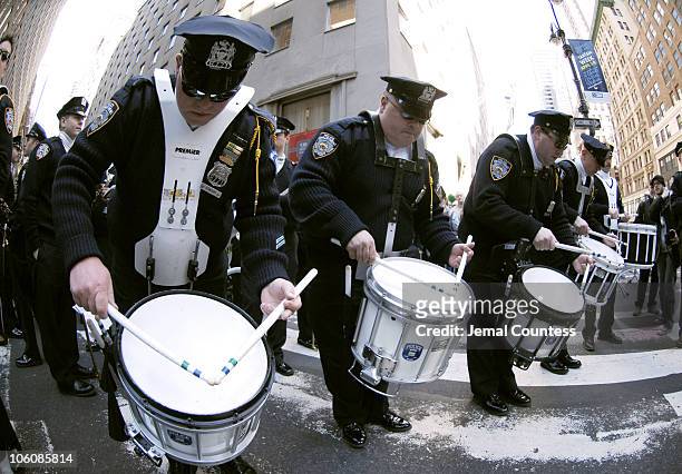 Members of the NYPD Marching Band prepare for the 245th Annual St. Patrick's Day Parade on 5th Avenue in New York City on March 17, 2006