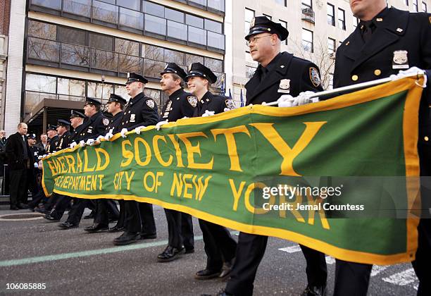 Members of the Emerald Society march at the 245th Annual St. Patrick's Day Parade on 5th Avenue in New York City on March 17, 2006