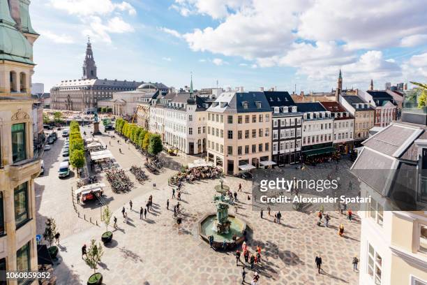 aerial view of copenhagen skyline and amagertorv town square with fountain, denmark - copenhagen stock pictures, royalty-free photos & images