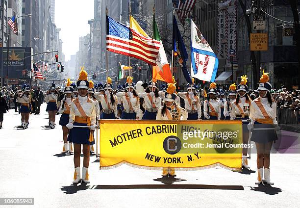 Member of the Mother Cabrini High School Marching Band march in the 245th Annual St. Patrick's Day Parade on 5th Avenue in New York City on March 17,...