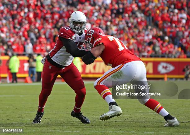 Arizona Cardinals defensive end Chandler Jones rushes against Kansas City Chiefs offensive tackle Eric Fisher in the second half of a week 10 NFL...