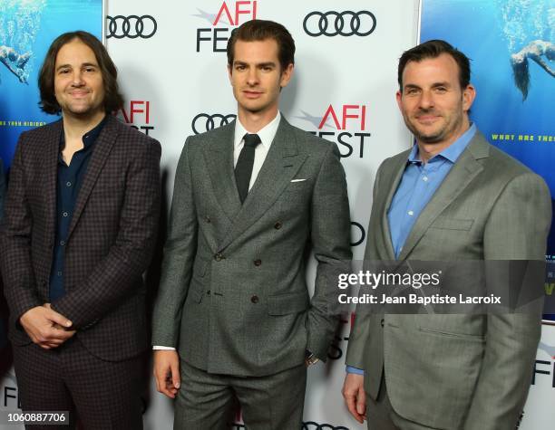 David Robert Mitchell, Andrew Garfield, and Chris Bender attend the AFI FEST 2018 Presented By Audi - 'Under The Silver Lake' Special Screening held...